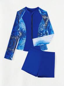 Swim SPRTY 印花拼布泳衣套裝 - 寶藍色 - 查看 6