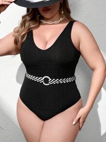 SHEIN Swim Curve Maillot de bain 1 pièce avec ceinture en argent, pour grandes tailles, pour l'été - Noir - Voir 3