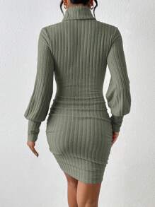 SHEIN Frenchy 女士高領肋紋修身連衣裙 - 軍綠色 - 查看 2