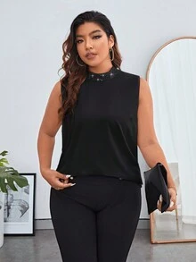 SHEIN Privé 大尺碼女露背翻領無袖襯衫 - 黑色 - 查看 3