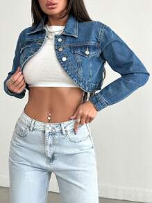 EURMUSE Women's Ultra Short Asymmetrical Hem Denim Jacket - Blue - View 1