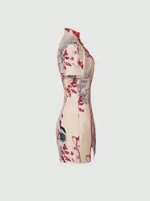 SHEIN Unity New Chinese Style Printed Dress With Buttoned Placket - Apricot - View 5