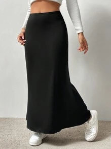 SHEIN Unity 純色人魚鱗擺裙 - 黑色 - 查看 5