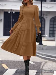 SHEIN Clasi 純色長袖搖擺裙 - 咖啡棕 - 查看 6
