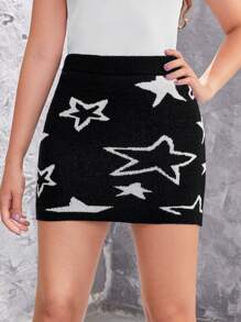 Fashionable Teen Girl Knit Skirt With Pentagram Pattern - Black - View 3