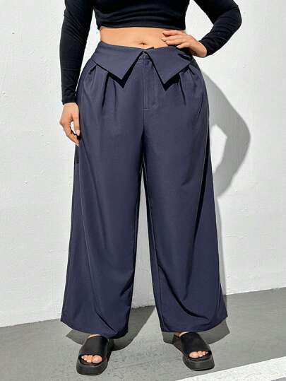 SHEIN Essnce Plus Size Solid Color Flapped Waist Pants