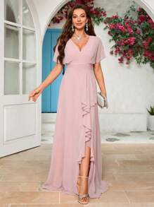 女士 V 领雪纺开衩伴娘服优雅连衣裙、生日女士服装、毕业礼服、正式礼服 - 粉色 - 查看 1