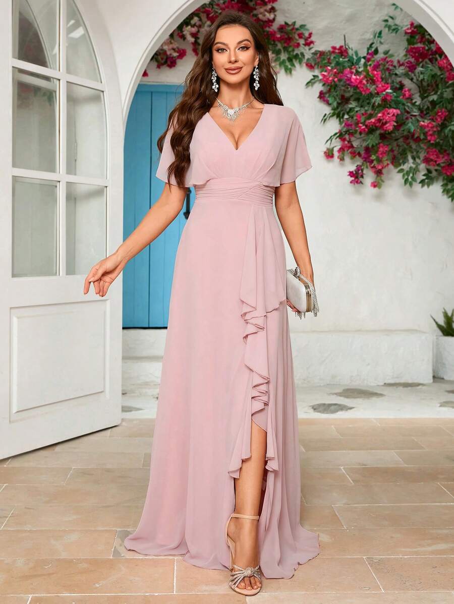 女士 V 领雪纺开衩伴娘服优雅连衣裙、生日女士服装、毕业礼服、正式礼服 - 粉色 - 查看 1