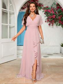 Women's V-Neck Chiffon Bridesmaid Dress With Slit Elegant Dress, Birthday Women Outfits, Graduation Dress, Formal Dress