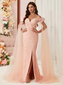 SHEIN Belle Manches Épaules Dénudées, Croix Sur La Poitrine, Sangle Arrière, Embellissement Floral 3d, Tissu Tulle Orné De Satin, Ourlet Fendu, Petit Train, Robe De Soirée - Vieux Rose - Voir 5