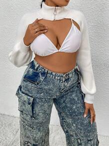 Flirla 女款大尺碼高領拉鍊短版開襟衫 - 白色 - 查看 1