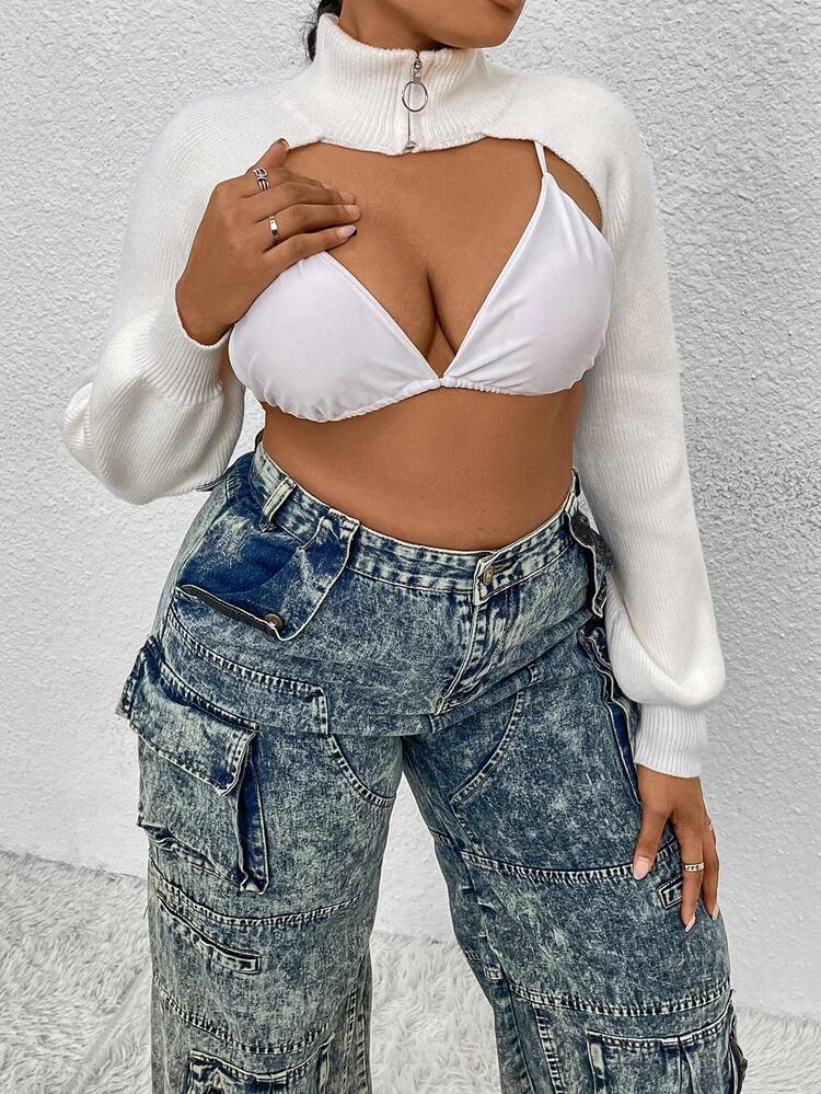 Women'S Plus Size High Neck Zipper Crop Cardigan With Open Front Fall Cloth For Women