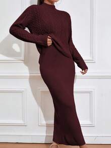 Mulvari Burgundy Red Women's Cable Knit Sweater And Knitted Skirt Two Pieces Set - Burgundy - View 7