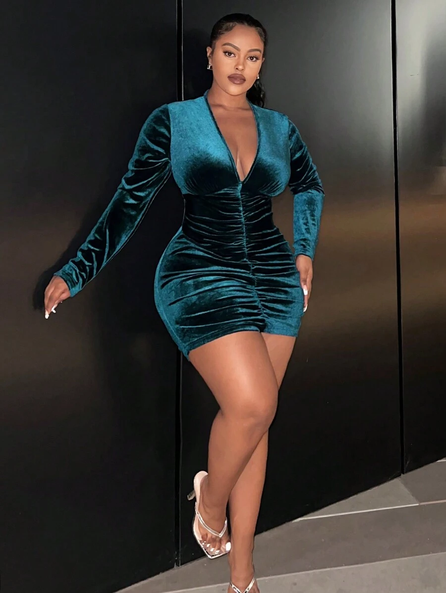 Slaydiva Kích thước lớn Của phụ nữ Cổ chữ V sâu Xếp li Đầm - màu xanh lá - Xem 1