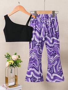 SHEIN Bé gái Đẹp , Thanh lịch , Thoải mái , Và Áo ba lỗ Với Đá hoa In Quần loe Hai chiếc Bộ Cho mùa hè - màu đen - Xem 2