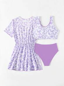 SHEIN Bộ Bikini Tween Girl In Hình Bướm Phù Hợp Với Bộ Đi Biển Mùa Hè - Màu tím - Xem 2