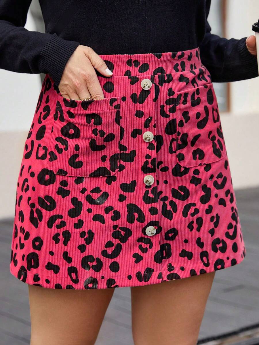 Flirla Plus Size Leopard Print Skirt With Double Pockets - Hot Pink - View 1