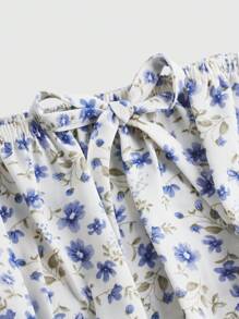 青少年女孩梭織花卉方領平行縐縫長袖襯衫 - 藍色 - 查看 3
