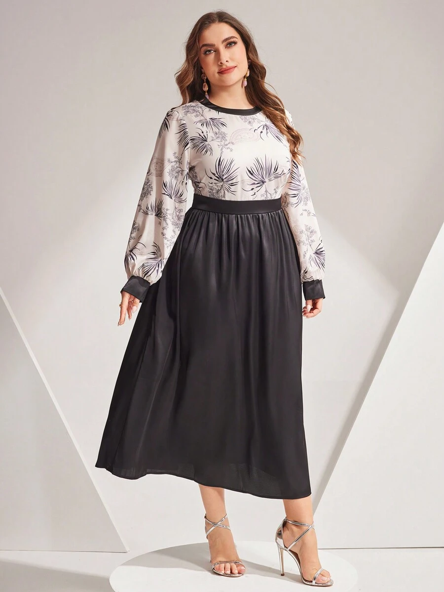Modelyn Plus Size Random Printed Lantern Sleeve Dress - Multicolor - View 1