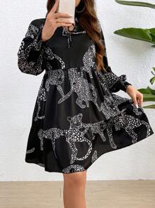 SHEIN Franclia 大尺碼豹紋領結燈籠袖裙 - 彩色 - 查看 2