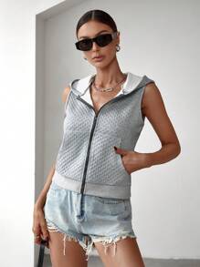 SHEIN EZwear Women'S Sleeveless Hoodie With Zipper Front - Grey - View 6