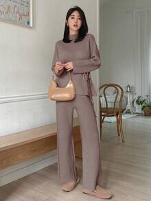 Dazy Star Women'S Belted Sweater And Sweater Pants Two Piece Set - Brown - View 5