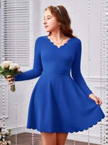 SHEIN 少女們的針織純色波浪和燒花紋休閒長袖連衣裙 - 寶藍色 - 查看 1