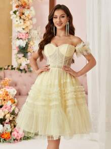 SHEIN Belle Off The Shoulder Back-Tied Cocktail Party Dress Vintage - Yellow - View 5