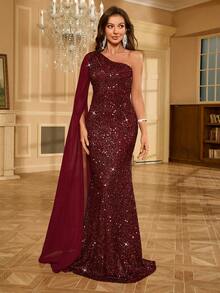 One Shoulder Chiffon Evening Dress With Draped Sleeve And Sequin Detail - Burgundy - View 7