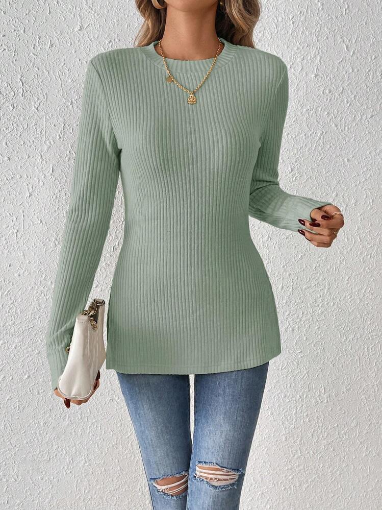 SHEIN Frenchy 纯色裂纹面料圆领下摆罗纹针织 T 恤 - 薄荷綠 - 查看 3