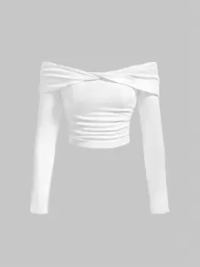 SHEIN MOD Women's Solid Color Off Shoulder Twist Fold T-Shirt - White - View 1