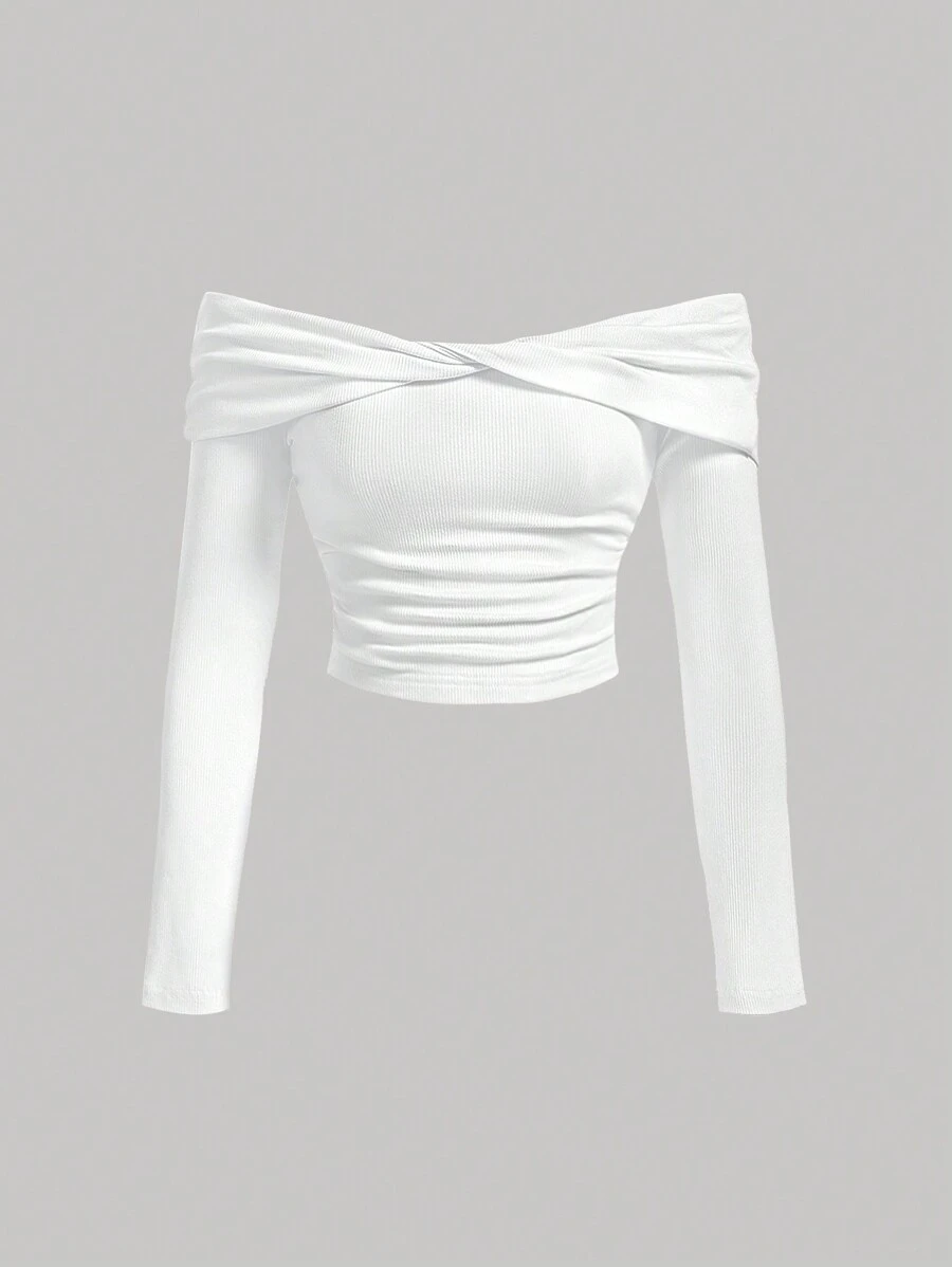 SHEIN MOD Women's Solid Color Off Shoulder Twist Fold T-Shirt - White - View 1
