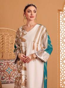 Al Najma 女士时尚优雅随机花卉印花 V 领长袖阿拉伯风格连衣裙，朴素的卡夫坦