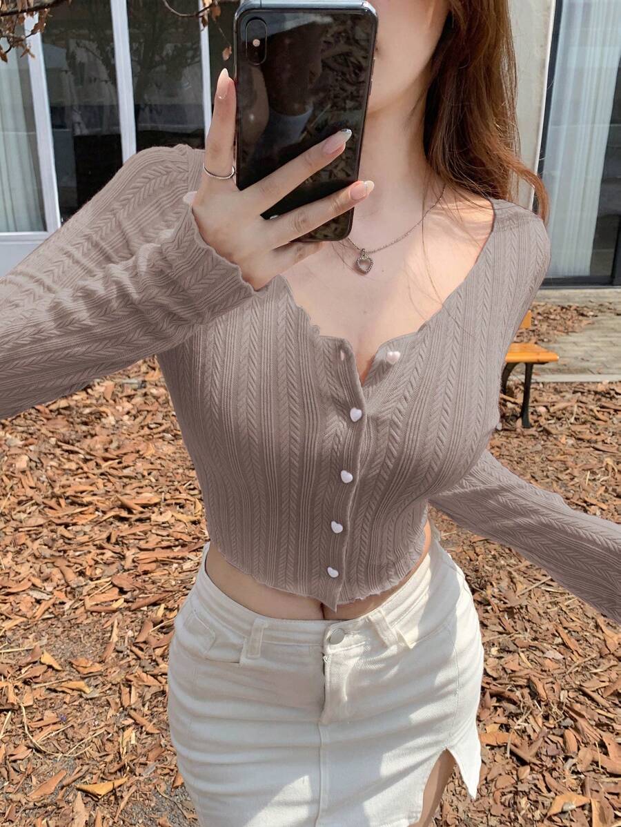 DAZY 女款 V 領紐扣 T 卹 - 棕色 - 查看 1