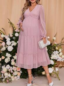 SHEIN Maternity Swiss Dot Ruffle Sleeve Dress - Pink - View 5