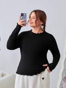 SHEIN EZwear 加大碼純色荷葉邊長袖t恤 - 彩色 - 查看 6