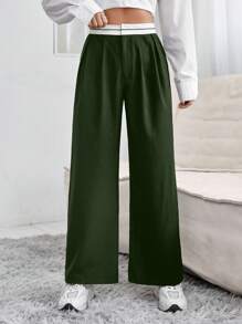 SHEIN PETITE Women's Color Block High-Waist Wide-Leg Pants - Army Green - View 4