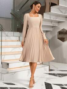 SHEIN Privé Vestido Largo De Manga Larga De Color Sólido Con Dobladillo Plisado - Albaricoque - Ver 4