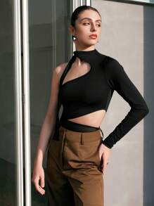 Zolique Asymmetrical Tie Neck Cut Out Bodysuit Fall Cloth For Women - Black - View 3