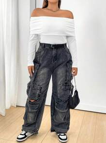 Flirla Plus Size Women's Solid Color Off Shoulder Top - White - View 7