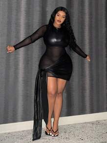 Slaydiva فستان ووقوف الياقة بالشبكة شفافة ورقعة قماشية للنساء والقياس الكبير - الأسود - مشاهدة 1