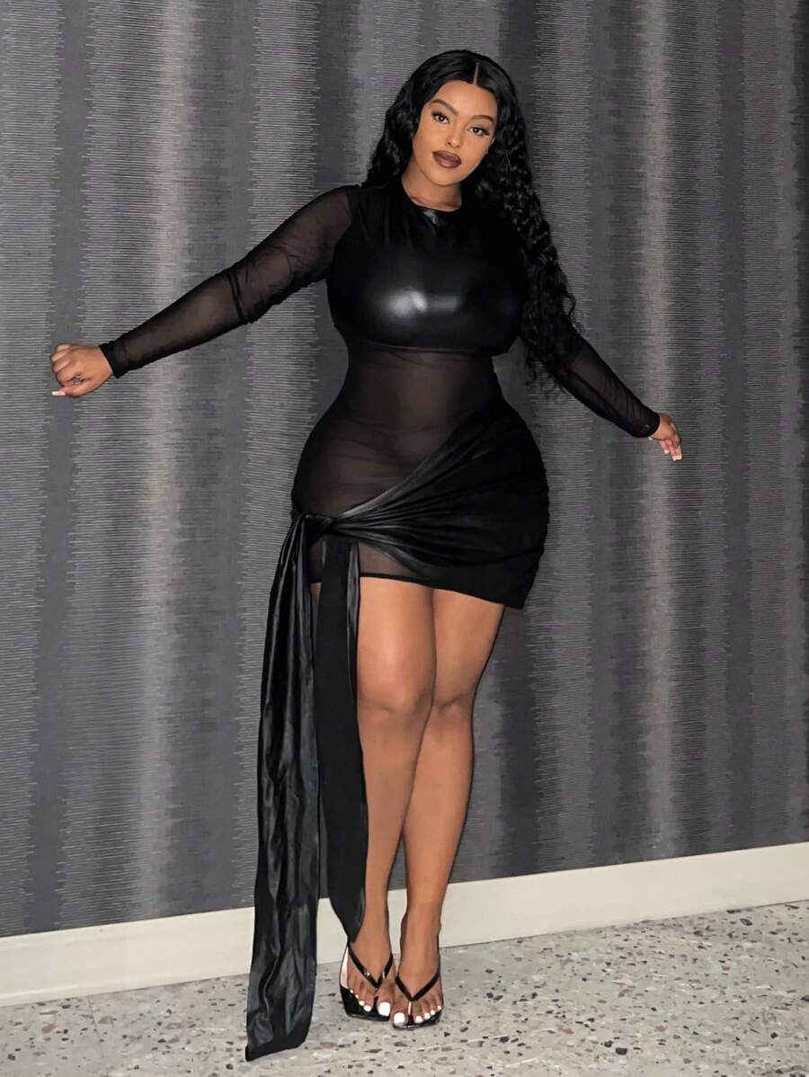 Slaydiva فستان ووقوف الياقة بالشبكة شفافة ورقعة قماشية للنساء والقياس الكبير - الأسود - مشاهدة 1