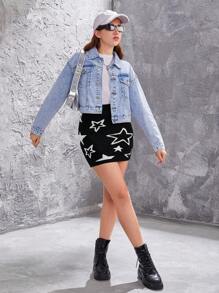 Fashionable Teen Girl Knit Skirt With Pentagram Pattern - Black - View 1