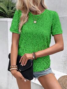 SHEIN LUNE Blusa De Lentejuelas De Manga Corta - Verde - Ver 6