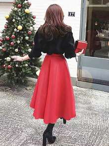 女士纯色高腰时尚PU皮A字裙，适合圣诞节穿着 - 紅色 - 查看 2