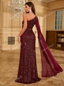 One Shoulder Chiffon Evening Dress With Draped Sleeve And Sequin Detail