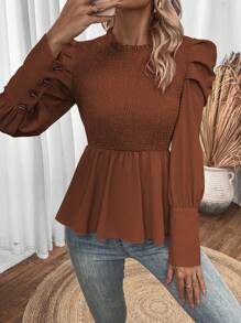 SHEIN LUNE 褶邊下擺平行縐縫拼接燈籠袖襯衫 - 棕色 - 查看 3