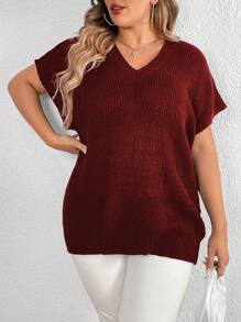 Calvaya Plus Size Solid Color Knitted Top - Burgundy - View 4
