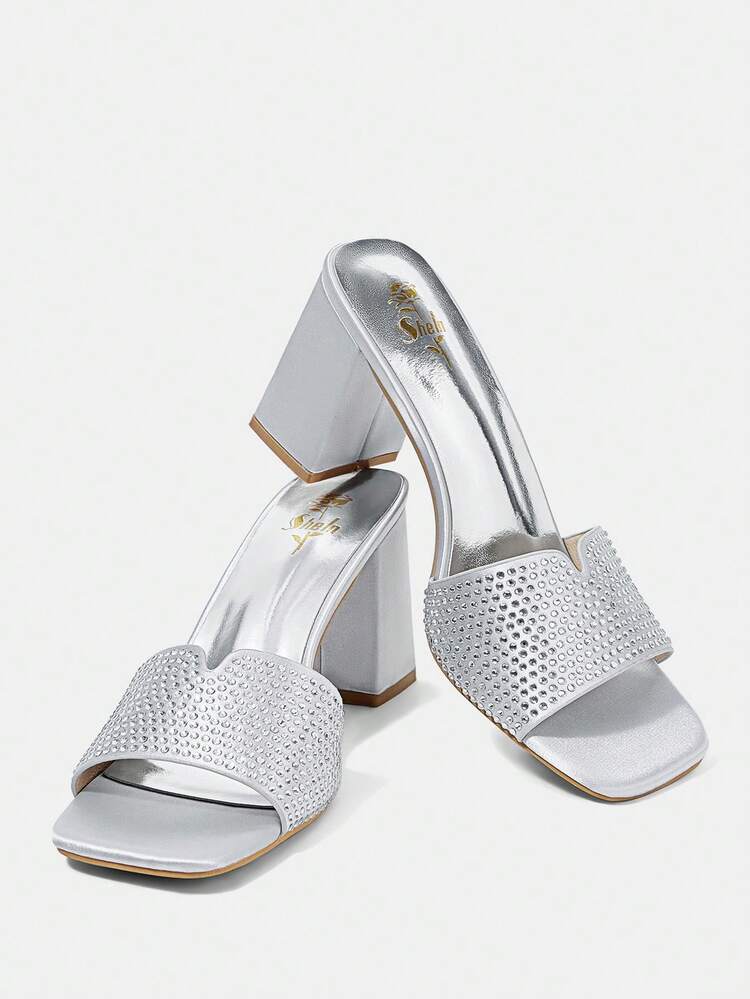 Silver Satin Hot Diamond Fashionable And Comfortable Women's Mules Small Block Heel Sandals