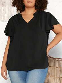 SHEIN CURVE+ Kích thước lớn Đường viền cổ có rãnh Tay áo loe Áo sơ mi - màu đen - Xem 4